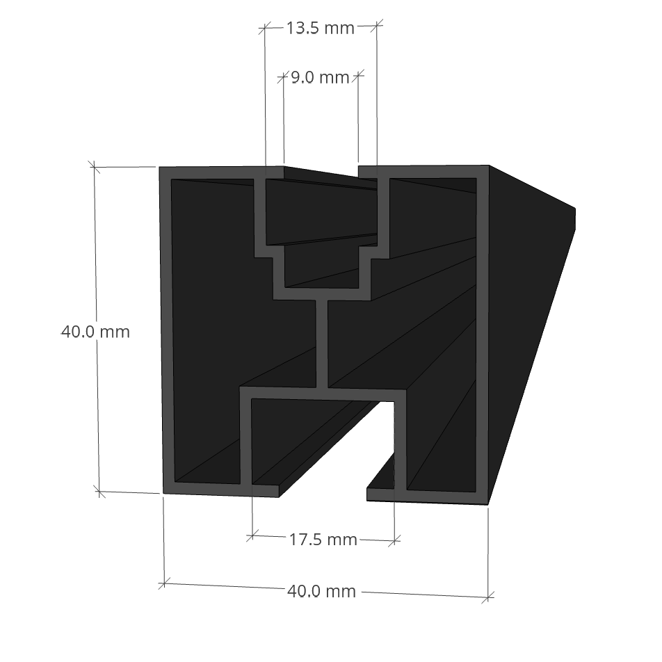 Black mounting rail 40 x 40 x 4400 mm